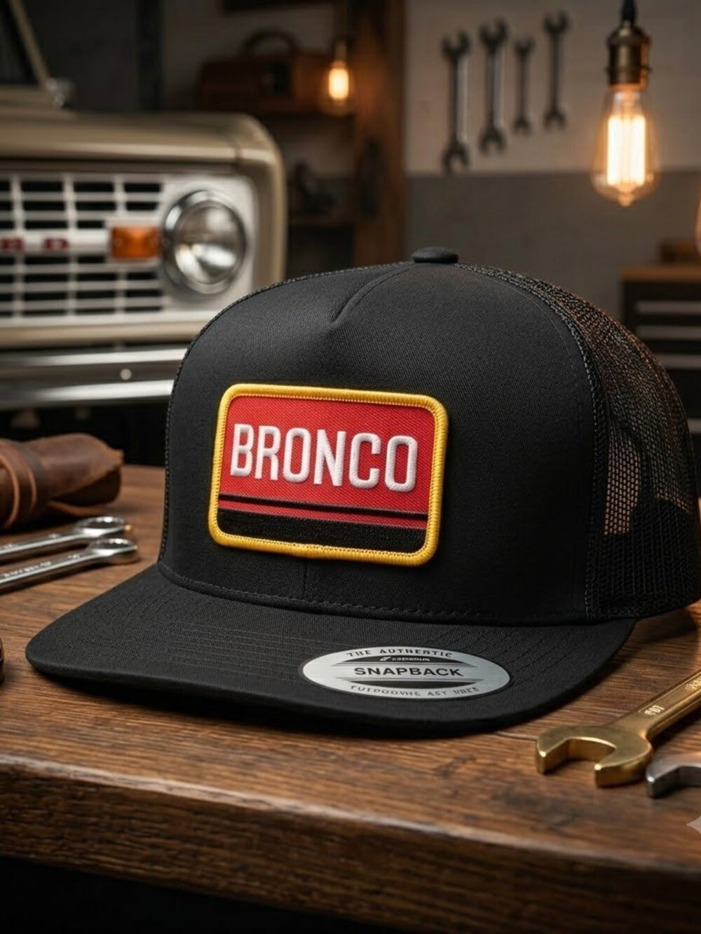 Retro Bronco Embroidered Patch Trucker Hat Yupoong Flat Bill Snapback Cap 80s